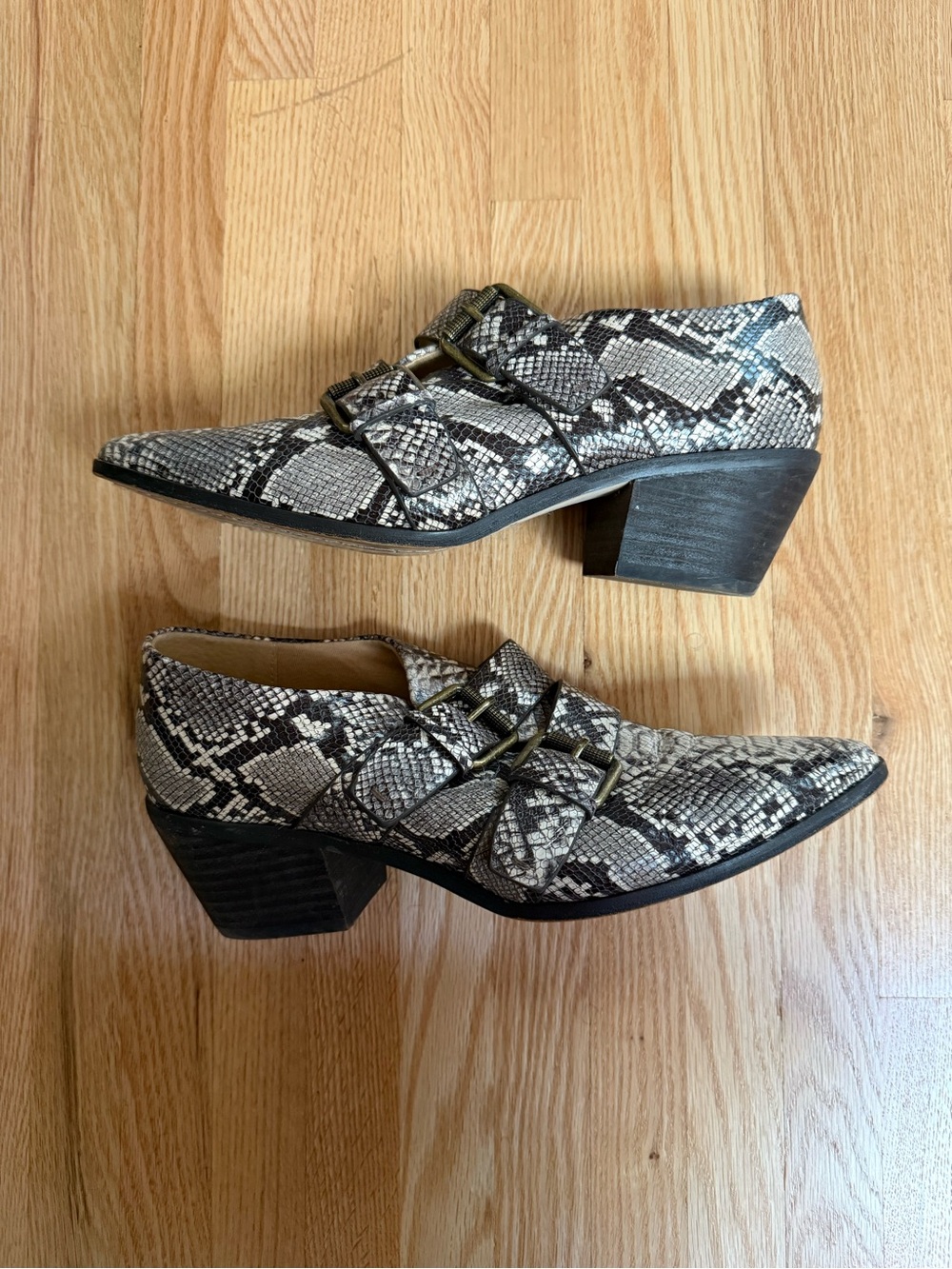 Anthropologie Snakeskin Double-Buckle Pointed Ankle Booties in Black and Tan - Picture 4 of 8